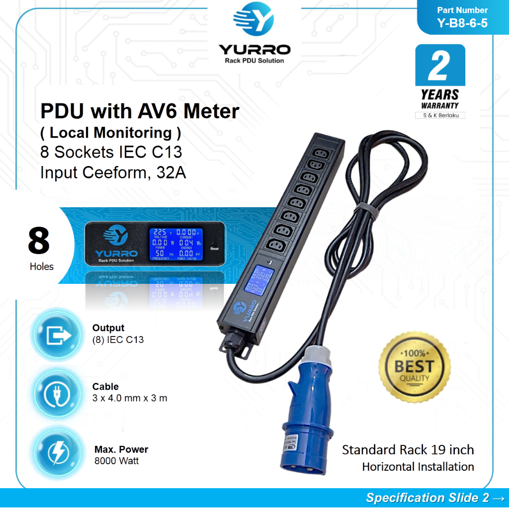Jual YURRO - Power Distribution Unit 8 Holes PDU IEC C13 with AV6 Meter ...