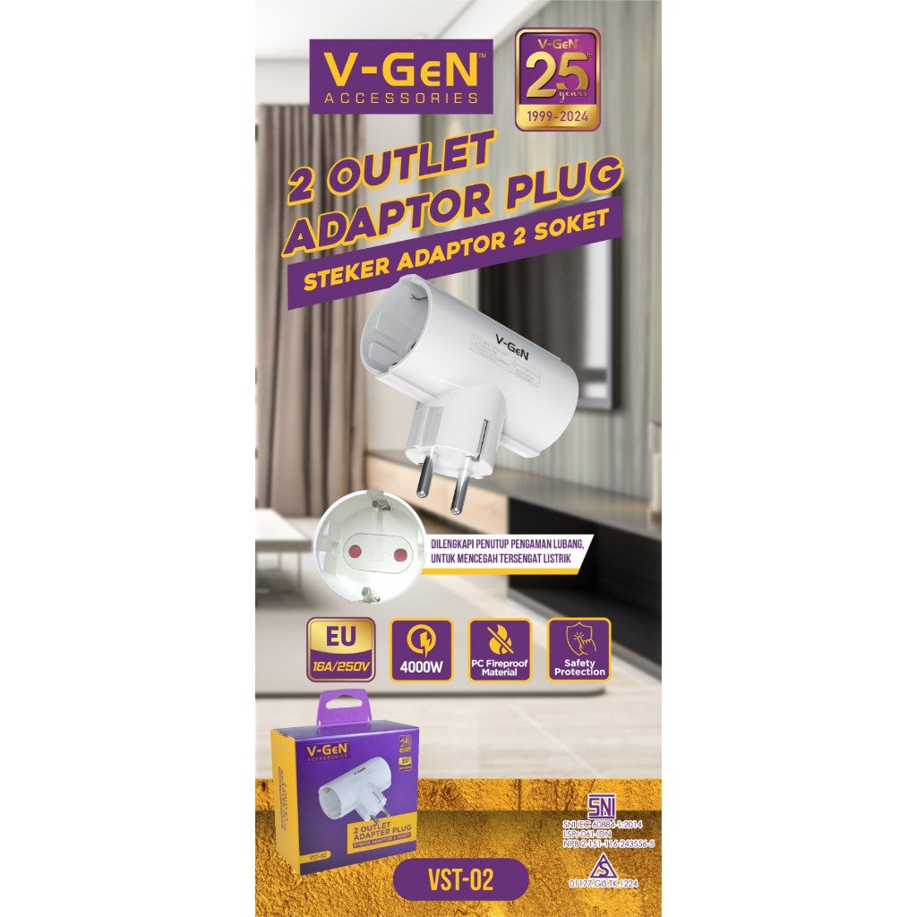 Jual Steker Adaptor Plug V-GeN VST-02 2 Socket 4000W SNI | Shopee Indonesia