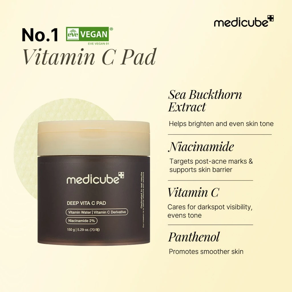 Medicube Deep Vita C Pad kemasan 70 pads dengan dua sisi embossed dan smooth