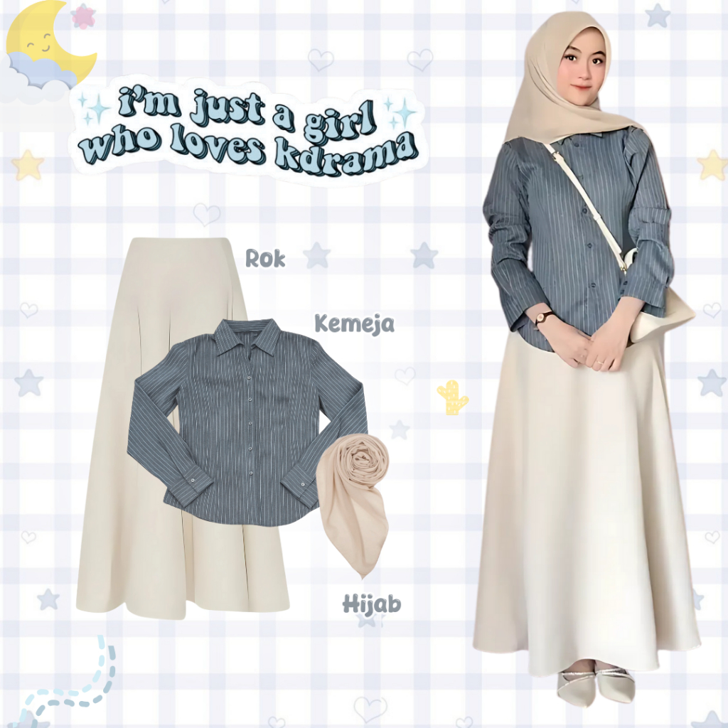 Jual One Set Hijab Hits ( Kemeja Stripe + Rok + Bella Square ) Outfit ...