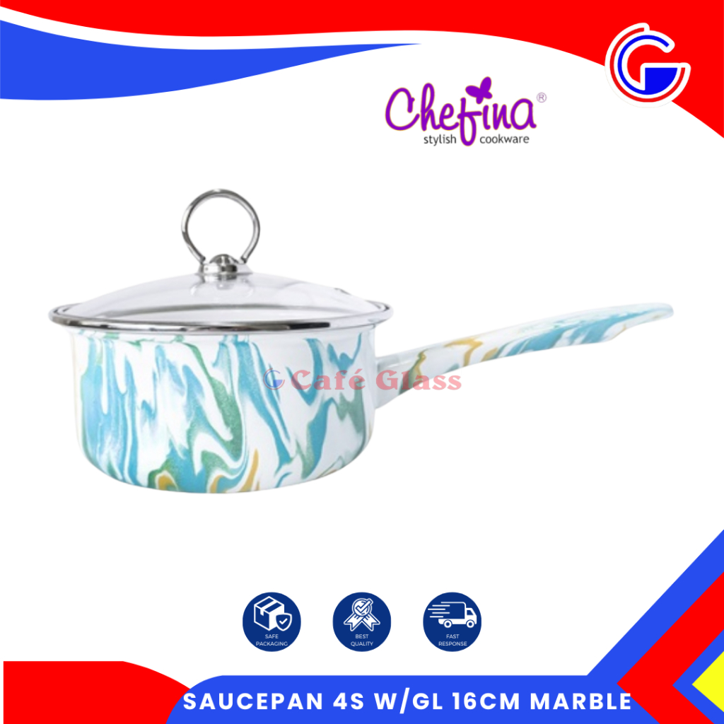 Chefina Saucepan 16Cm Marble Dengan Tutup Kaca I Panci Masak Stylish Anti Lengket - Panci Enamel