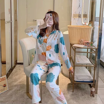 PP PAJAMAS Long Ice Silk Satin Korea Jepang Elegan Piyama Mewah Baju Tidur Kancing Depan Lengan
