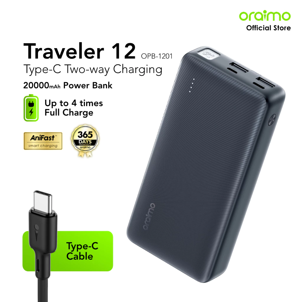 oraimo Powerbank Traveler 12 Kapasitas Nyata 20000mAh OPB-1201 Pengisian Cepat Tipe-C 2 Input 3 Output Senter LED