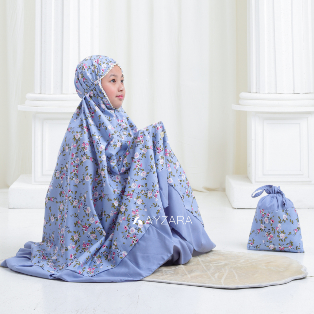 AYZARA - Mukena Anak Motif Bunga Katun Kombinasi Polos Tas Serut Kiara Series