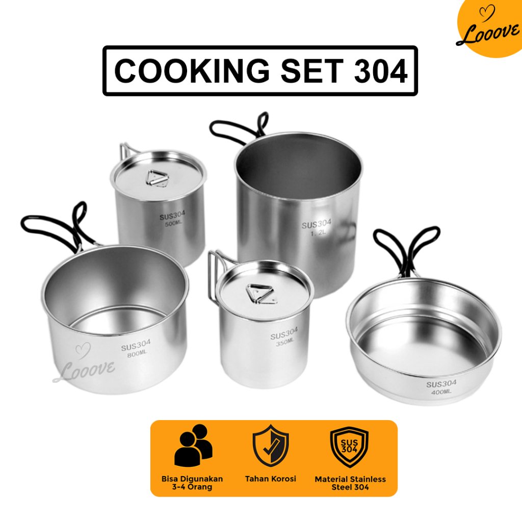 Cooking Set Camping 5in1 – Peralatan Masak Outdoor Stainless Steel 304 Portable & Tahan Lama