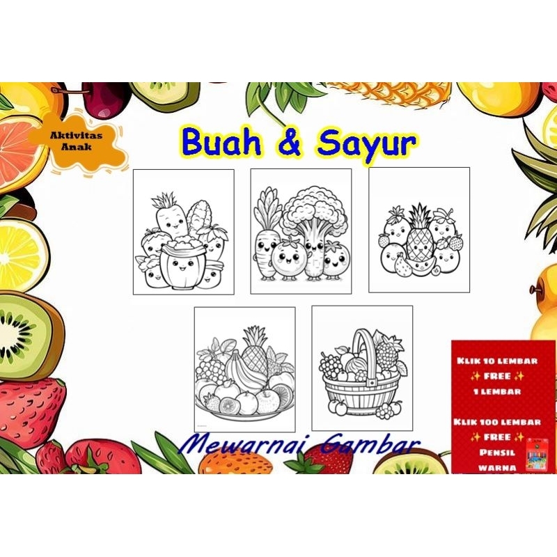 Jual KERTAS MEWARNAI COLORING ANAK BUAH SAYUR FRUIT VEGETABLES / BUKU