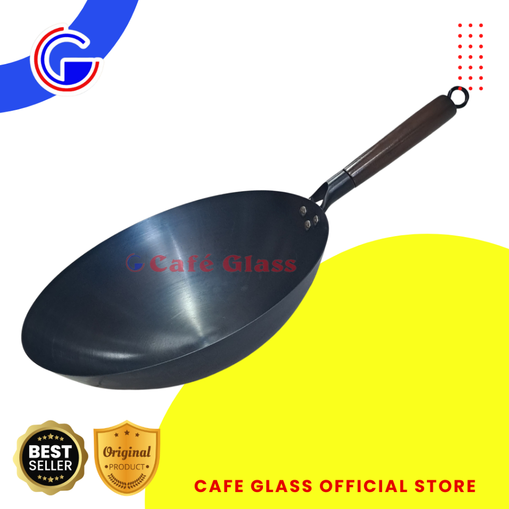 Wajan Plat Gagang Panjang Kayu - Wajan Nasi Goreng Anti Lengket - Wajan Plat Hitam