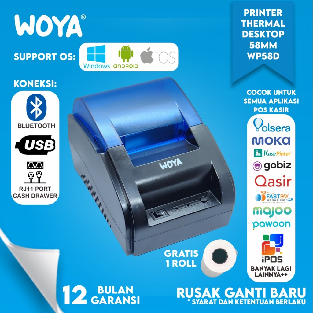 WOYA PRINTER BLUETOOTH KASIR / PPOB THERMAL 58MM WOYA WP58D RPP02N TERMURAH SUPPORT CASH DRAWER