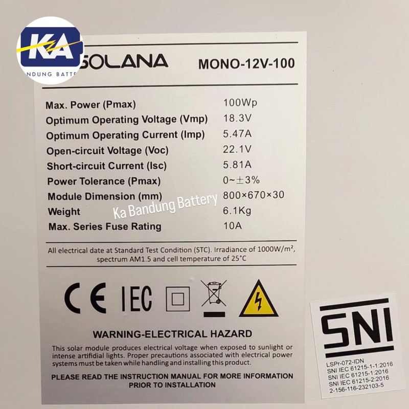Jual Solar panel surya cell module solana 100wp 100 wp mono 12v 12 v ...