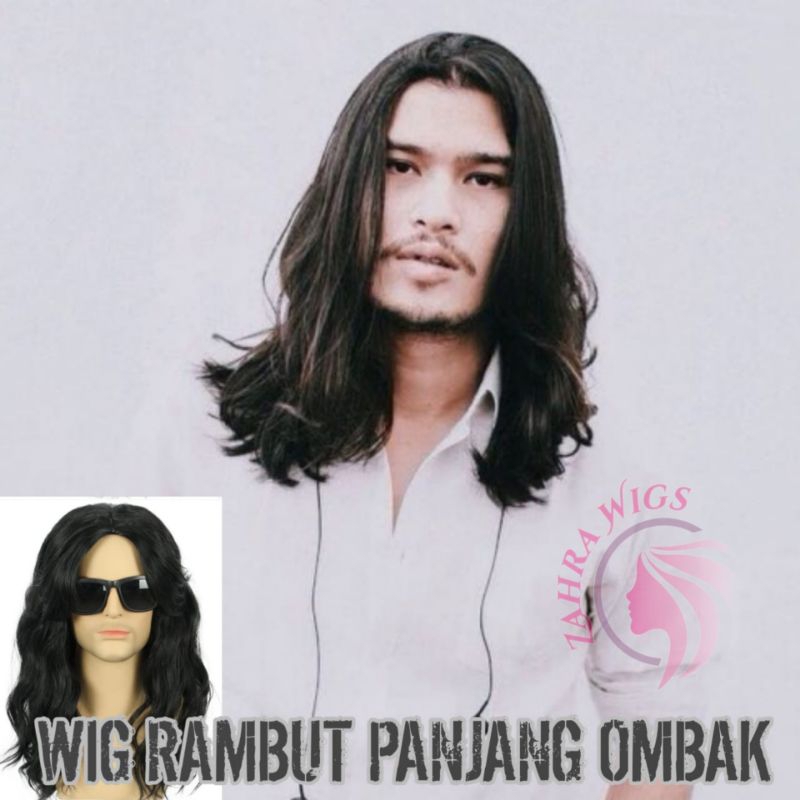 Jual Wig Pria Rambut Panjang Ombak Belah Tengah Paten Warna Hitam ...