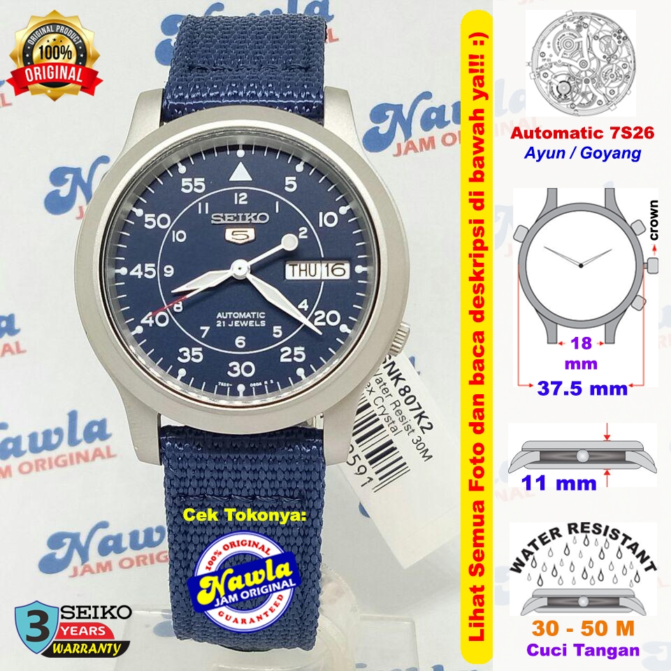 Seiko Automatic SNK807K2 Dark Blue Dial Nylon Jam Tangan Pria SNK807