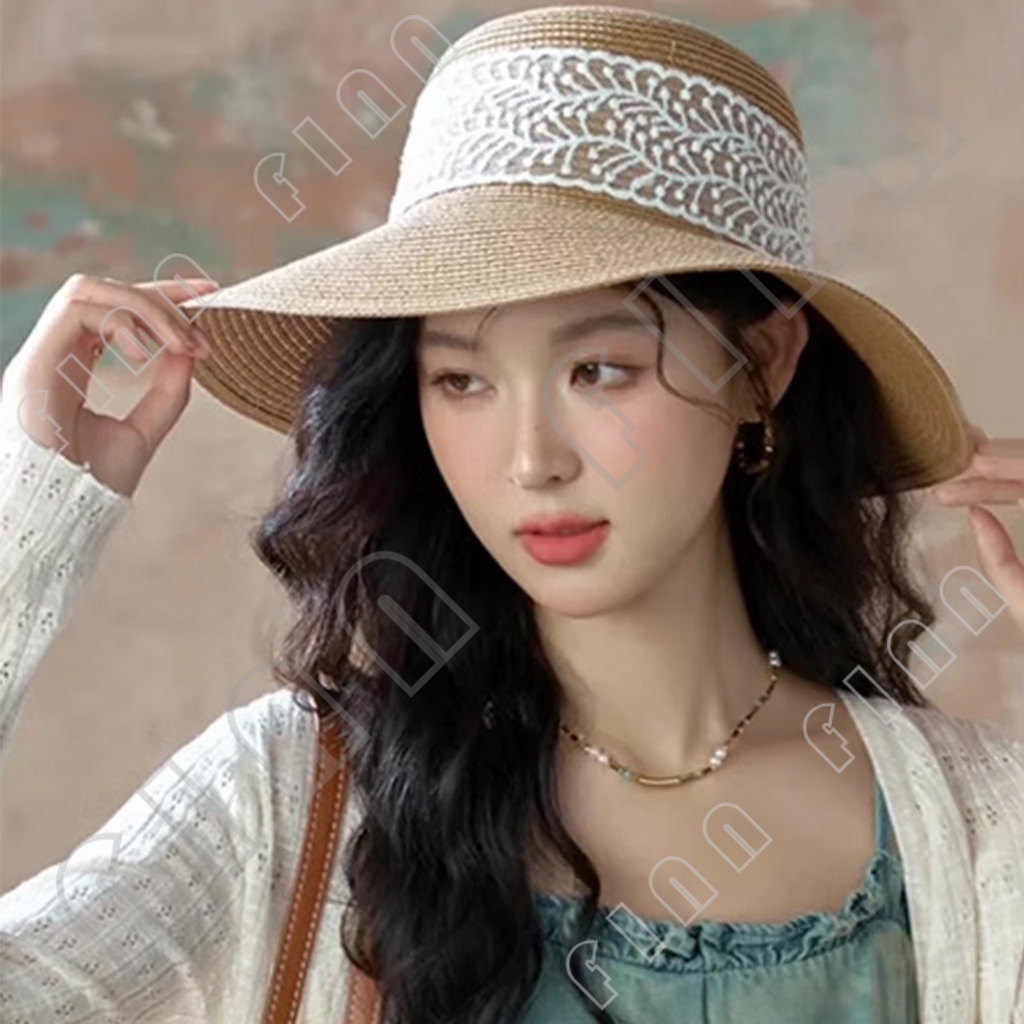 Jual Finn - Topi Pantai Renda Bahan Jerami Aksen Pita Brukat Beach Hat ...