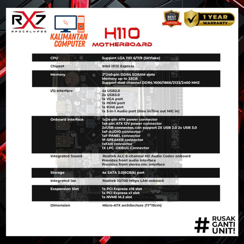Jual Motherboard RX7 H110 Socket LGA 1151 DDR4 Mainboard H110 INTEL ...
