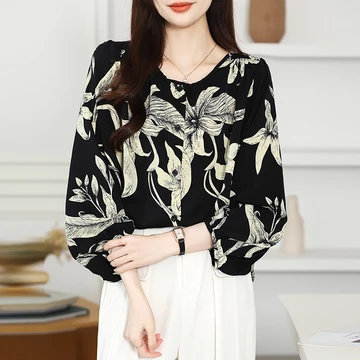 TianShun High Quality Yellow Printings Shirt Thailand Women Long Sleeve Casual Chiffon Fashion