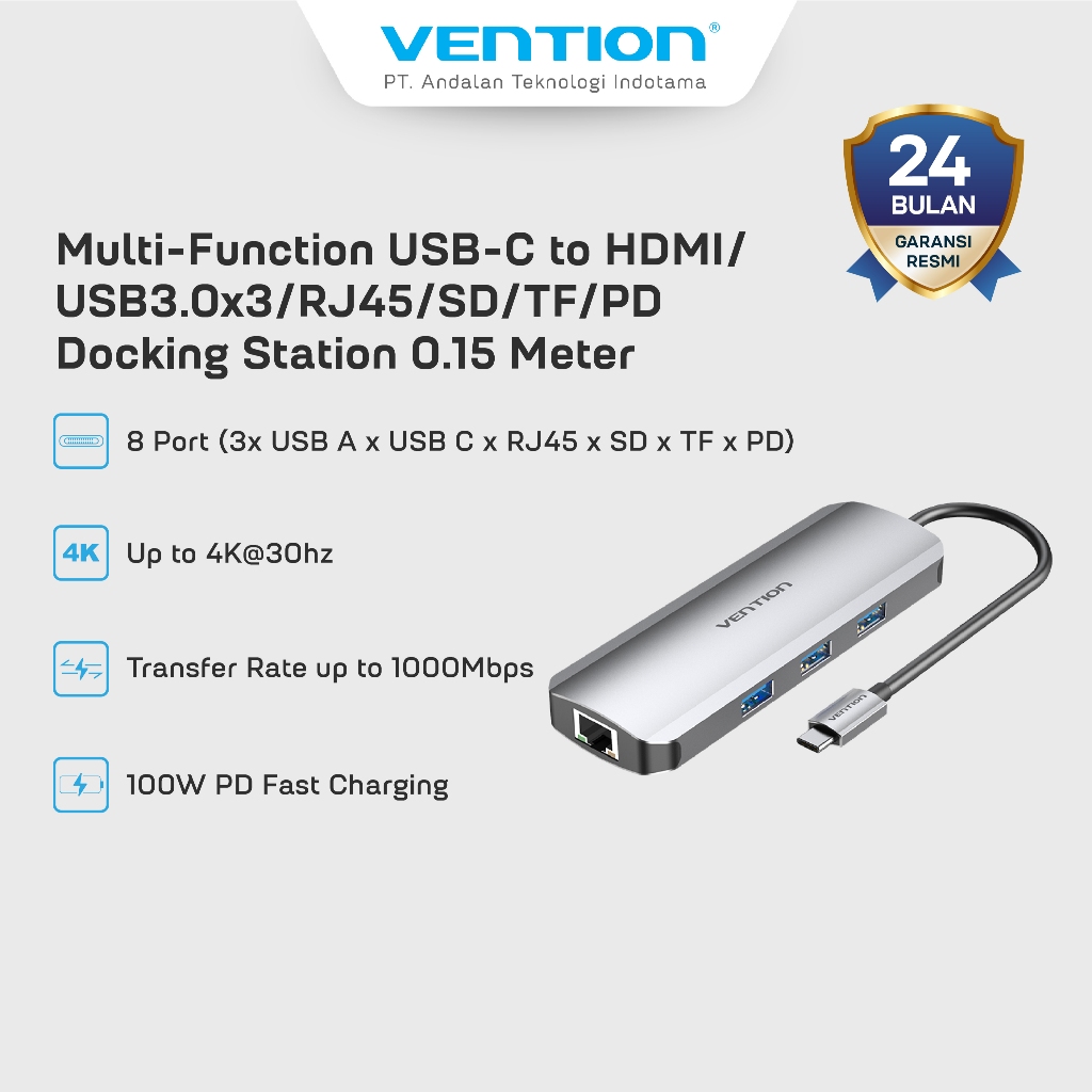 Jual Vention Multi function Hub Adapter USB C to HDMI 8in 1 Docking ...