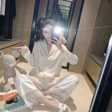 Baju Tidur Wanita Piyama Set BS 5110 Setelan Lace Renda Ice Silk Lengan Panjang Celana Panjang