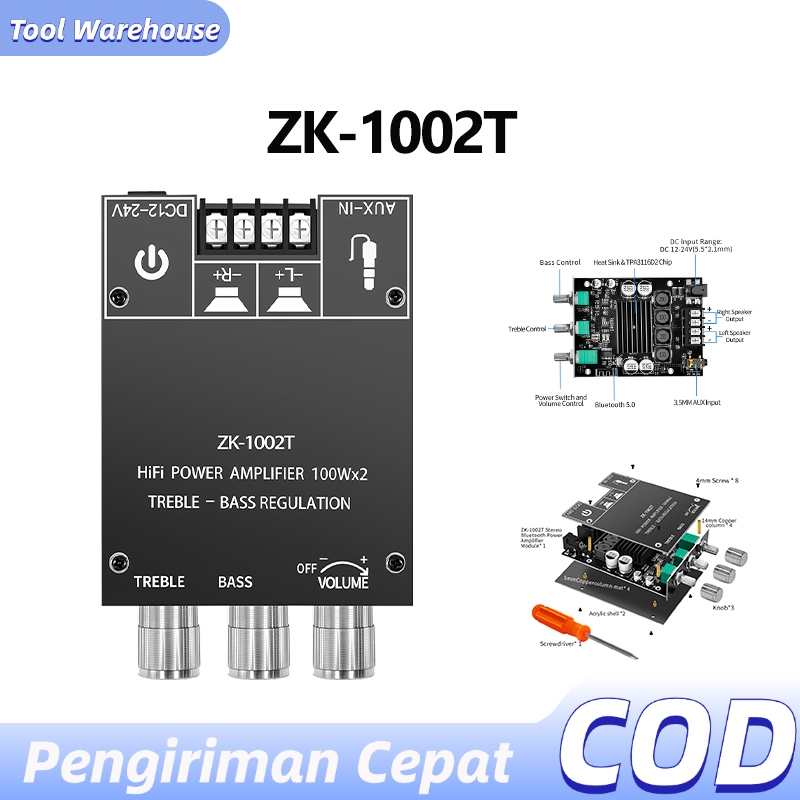 Jual ZK1002T Bluetooth 5.0 Audio Amplifier 100Wx2 Treble and Bass