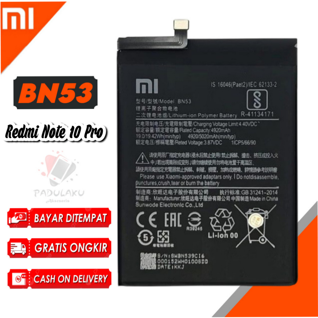 Jual Baterai Xiaomi Redmi Note 10 Pro Original BN53 5020mAh Batu