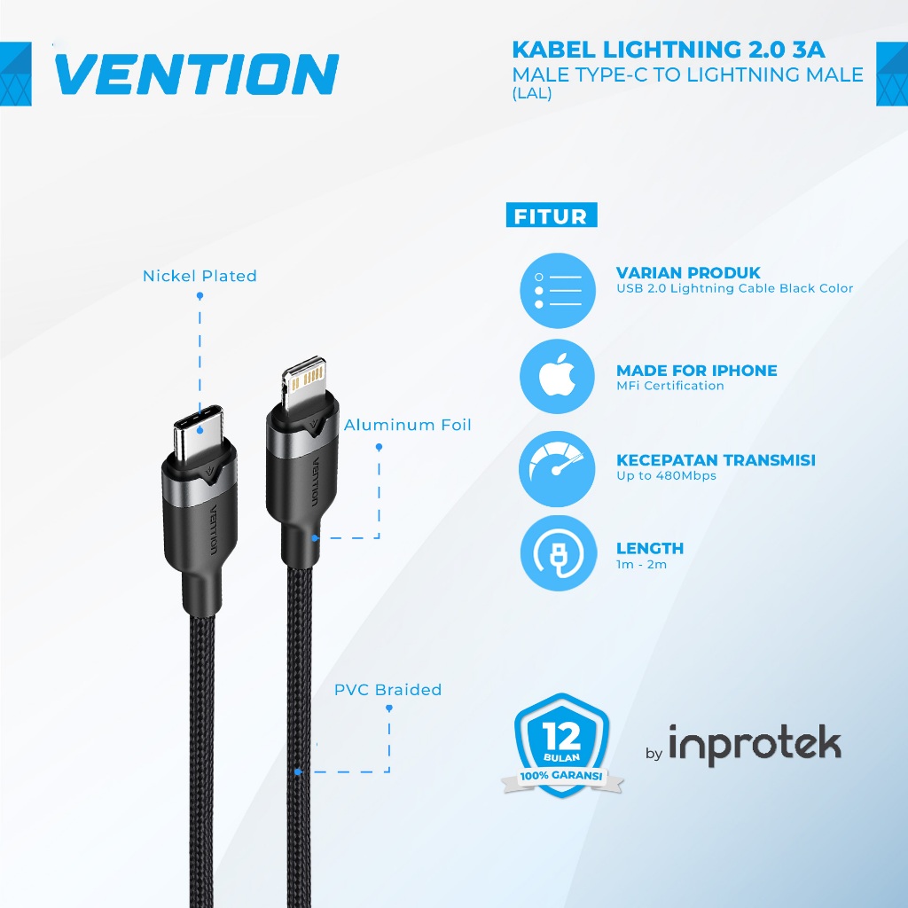 Vention Kabel Charger USB Type C to Lightning Cable USB C PD Fast Charging  iPhone iPad