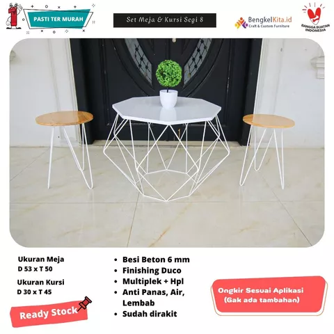 Meja Tamu Minimalis Segi 8 SET 4 Kursi Hitam Natural