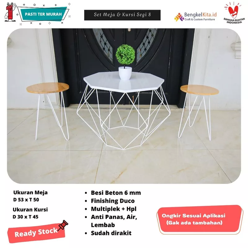 Meja Tamu Minimalis Segi 8 SET 4 Kursi Hitam Natural