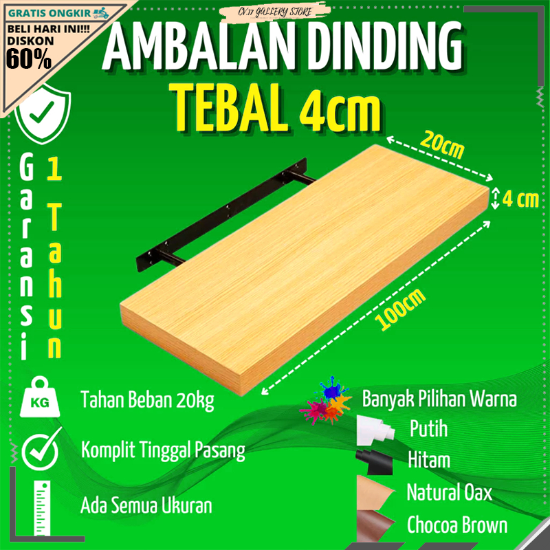 Rak Ambalan Dinding Tebal 4Cm Panjang 60/80/100/120Cm Kayu Tempel Aesthetic Besar Makeup Buku Dapur