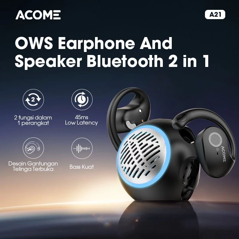 ACOME 2 in 1 Earphone and Speaker Bluetooth 5.4 Multifungsi Low Latency 45ms Stereo Super Bass A21 Original