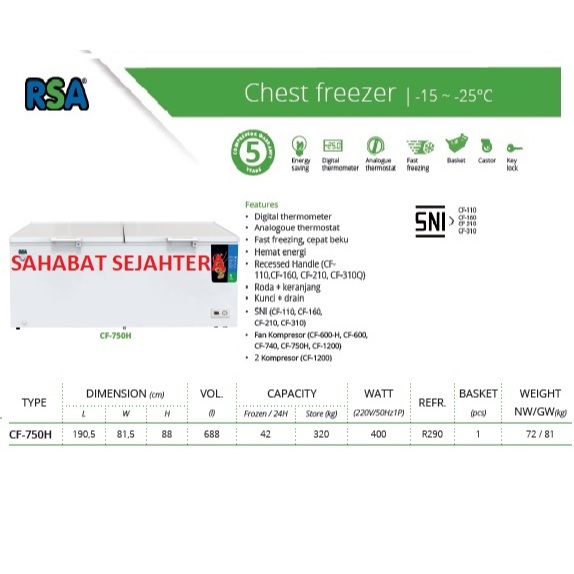 Jual RSA Chest Freezer CF-750H Freezer Box Kapasitas 688Liter | Shopee ...