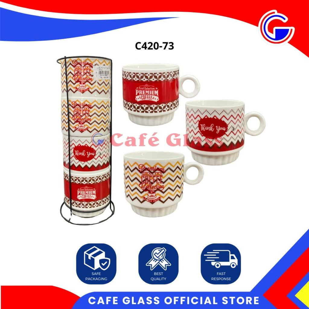 Cangkir Keramik Susun 4Pcs + Free Rak Besi / Mug Tower / Mug Set Valentine Murah / Set Cangkir Murah Warna Merah / Kado Ultah Kado Valentine