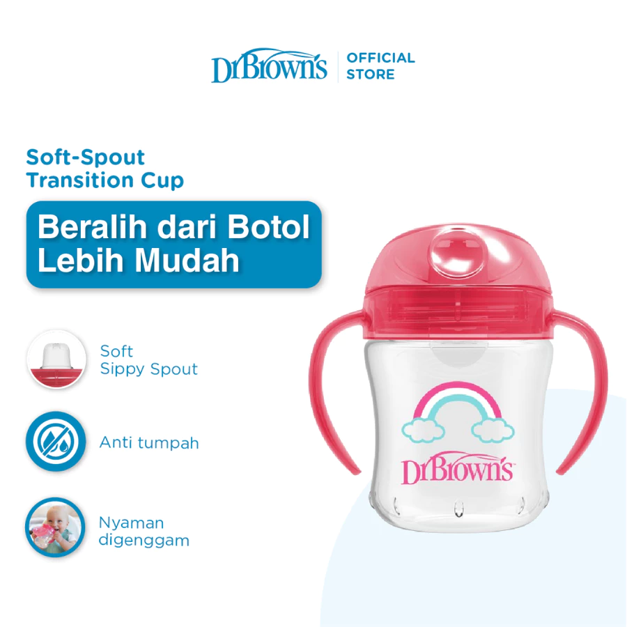 Dr.Brown's 6 oz / 180 ml Soft-Spout Transition Cup Stage 1: 6m+ / Botol Minum Anak / Botol Minum Bayi - 61001 (PINK)