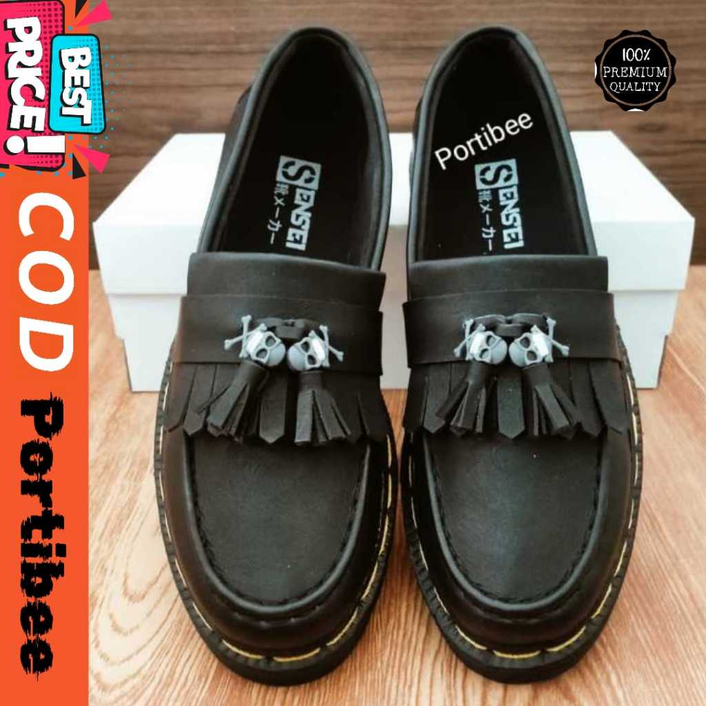 Jual Sepatu Penny Loafers Pria Kulit PU Pantofel Docmart Skull Head ...