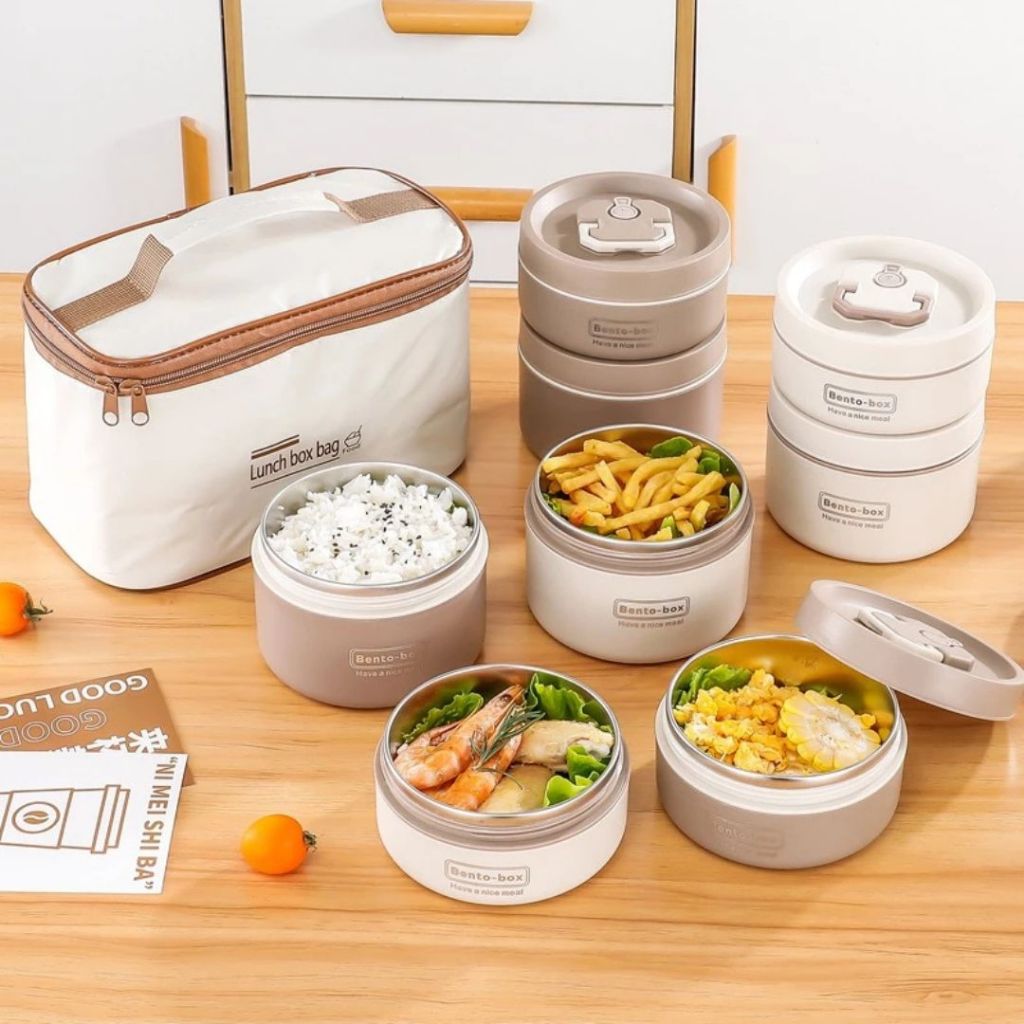 Jual Lunch Box Bento Portabel Set Tahan Bocor Gaya Jepang Round Stainless Lunch Box Cream Rice