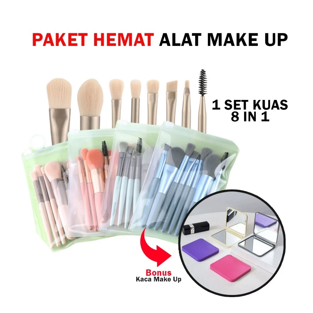 +BONUS Kaca - Alat Make Up Free Pouch Kuas Makeup 8pcs Mini | AutoStock