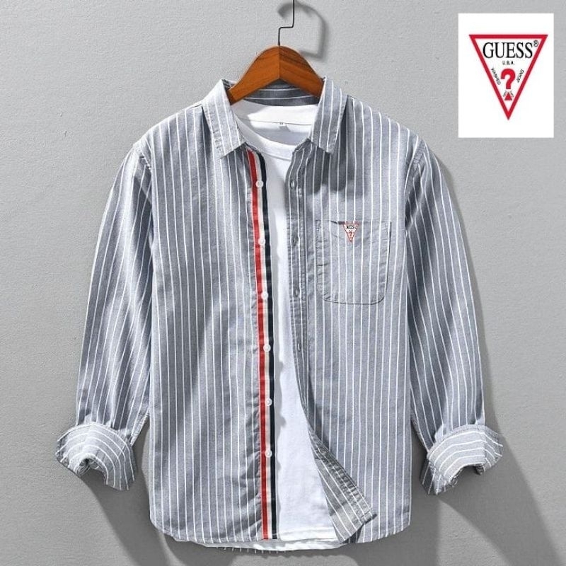 Jual kemeja lengan panjang guess's salur premium list kancing//kemeja ...