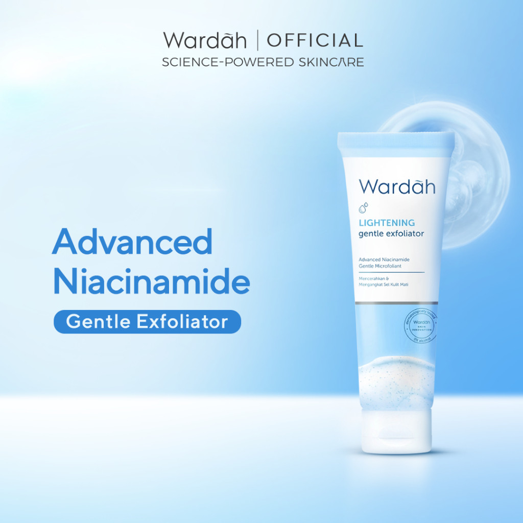 Wardah Lightening Gentle Exfoliator 50 ml - Pembersih Wajah dengan Scrub dan Advanced Niacinamide - Dengan Gentle Microfoliant yang Lembut - Membersihkan Pori, Mengangkat Sebum Sel Kulit Mati - Cerah Glowing dan Halus - Kulit Normal Cenderung Berminyak