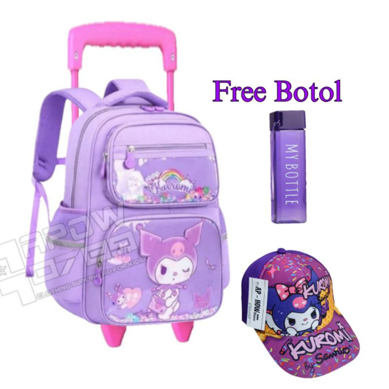 Tas ransel anak Kuromi mika gratis botol minum / tas TROLI anak perempuan  kuromi / Tas roda Kuromi anak SD usia 6-9 tahun