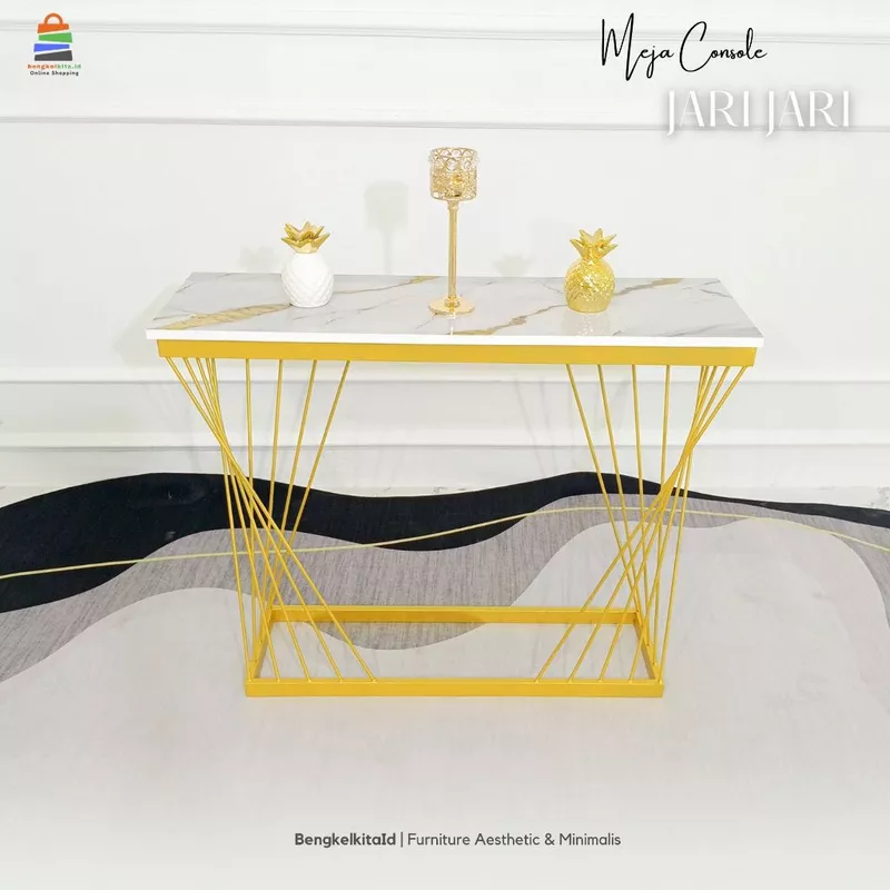 Meja Console Jari, Meja Ruang Tamu Minimalis, Meja Konsol Aesthetic, Top HPL Marmer, UV Gold Resin, Besi