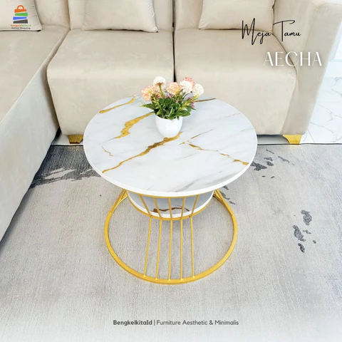 Aesthetic Coffee Table Minimalist Sofa Table - AECHA TABLE - Round 2-Tier Marble UV Gold