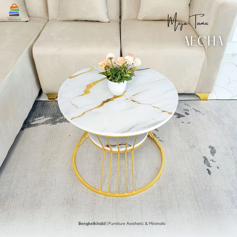 Aesthetic Coffee Table Minimalist Sofa Table - AECHA TABLE - Round 2-Tier Marble UV Gold