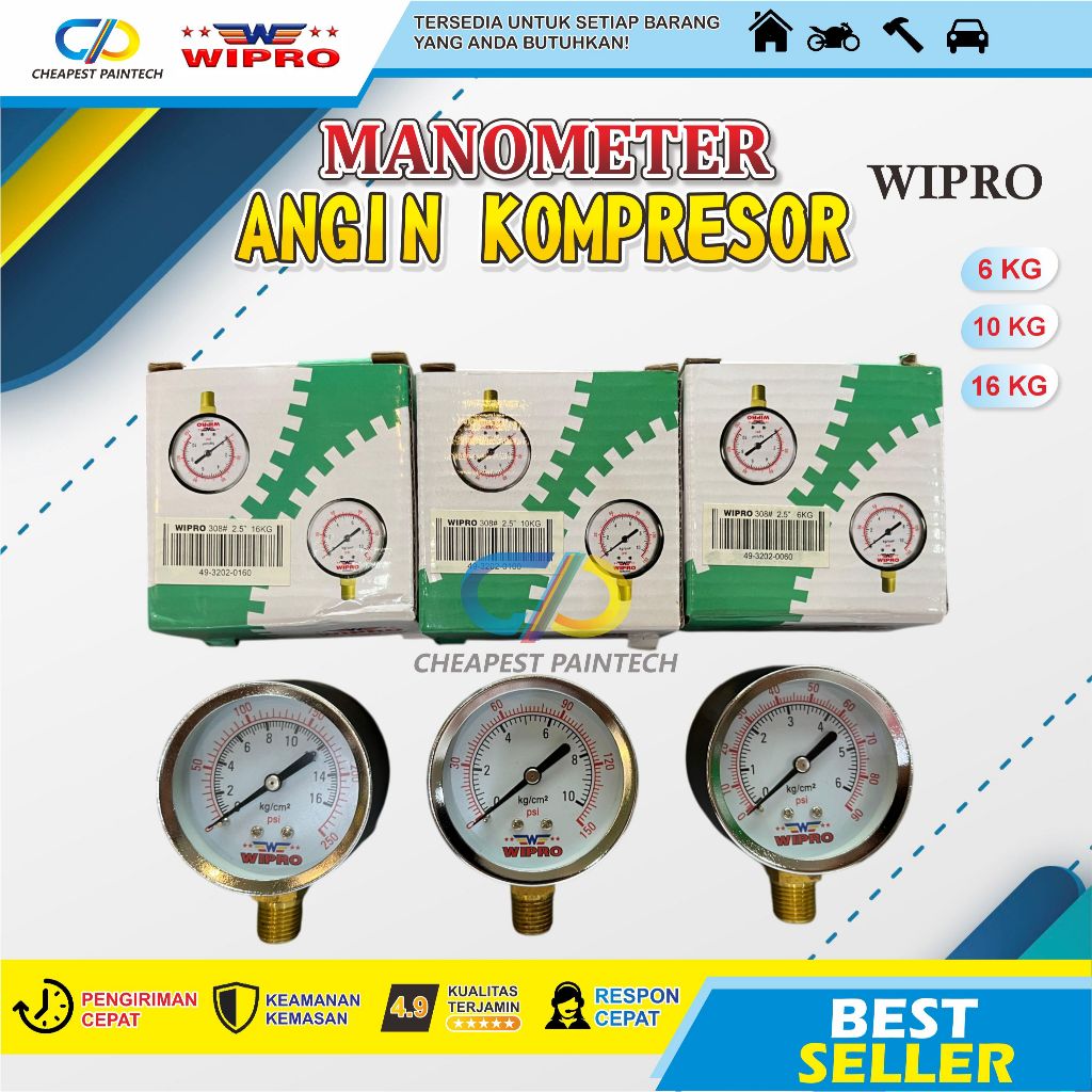 Jual Pressure Gauge Manometer Angin Wipro 6kg ;10 kg ;16 kg 350psi Alat ...