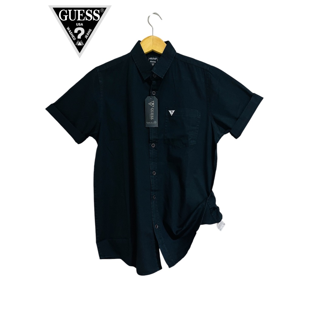 Guess Lengan Pendek Casual Katun Twill Premium Guess Kemeja Pria Lengan  Pendek Polos