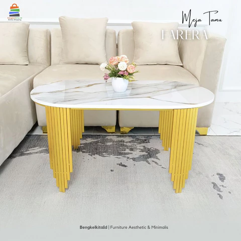 Aesthetic Oval Coffee Table Sofa Desk - MEJA FARERA - Modern Minimalist Besi Holo Gold