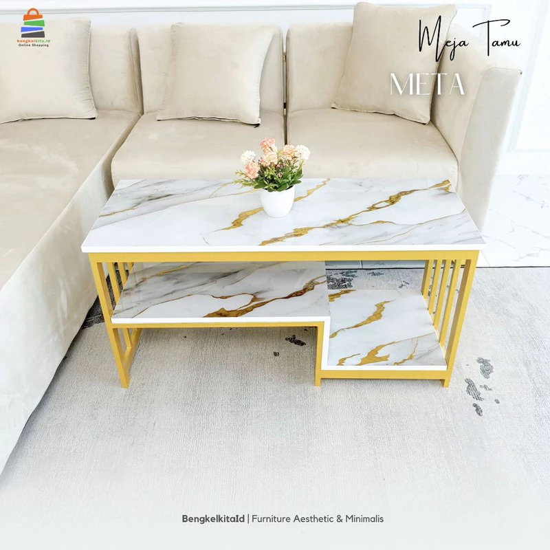 Meja Tamu Aesthetic Meja Panjang Sofa - MEJA META - Susun Asimetris Besi Holo Cat Duco