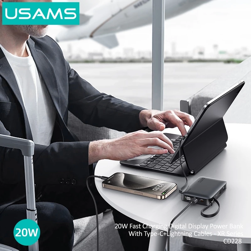 USAMS Powerbank 10000mAh Fast Charging 20W Digital Display With Type C & Lightning Cable CD228