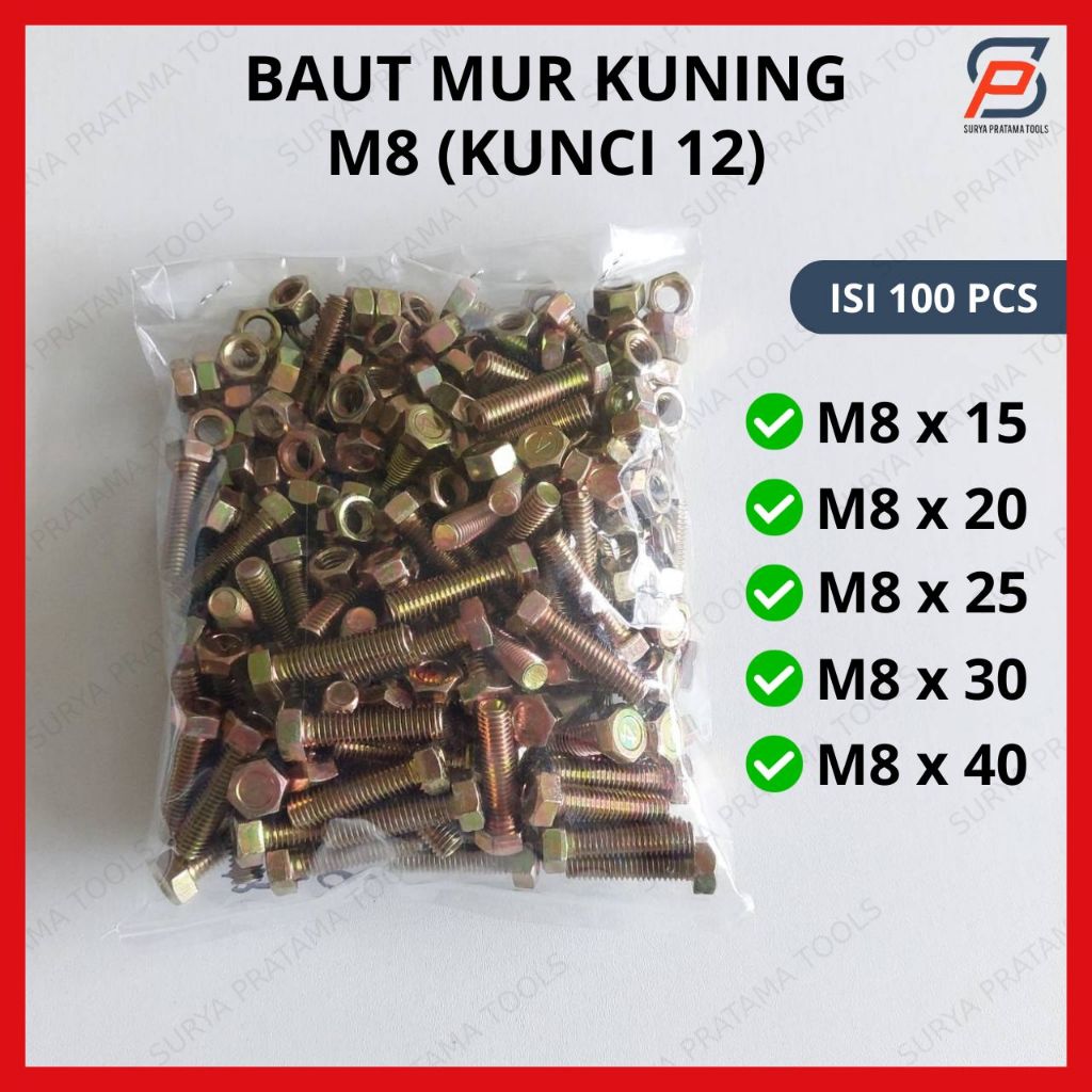 Jual [100 PCS] Baut Mur Hexagon Kuning M8 Baut Hex BMK Kunci 12 Isi 100 ...