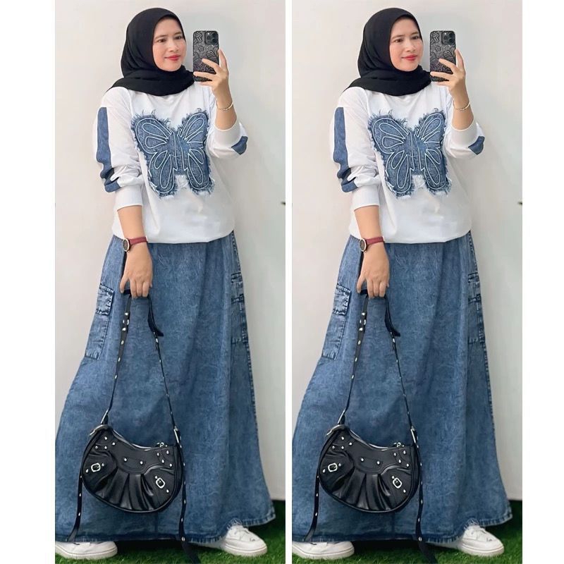 Jual CUPITA SET | Setelan Rok Jeans Cargo Mix Combed Bordir Butterfly ...