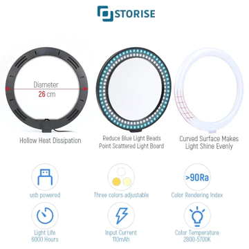 STORISE Lampu LED Ringlight Selfie 26cm Make Up Vlog Live Stream Ring Light Studio Adjustable