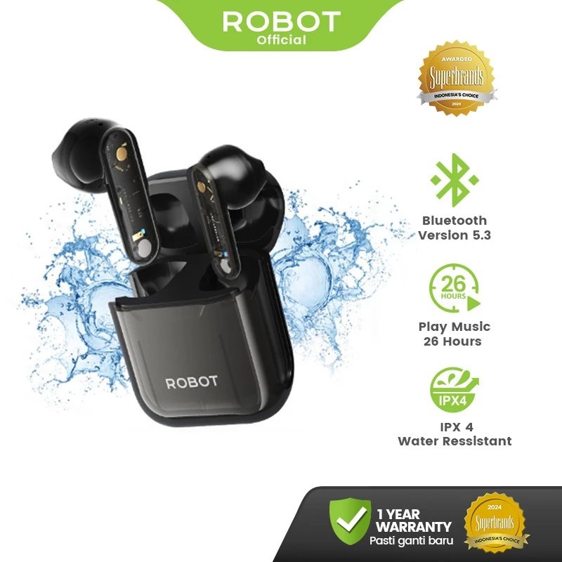 Robot TWS Wireless Bluetooth 5.3 Earphone Airbuds Transparant Semi In-Ear TWS Deep Rich Bass Headset Tahan Air RT01 Original