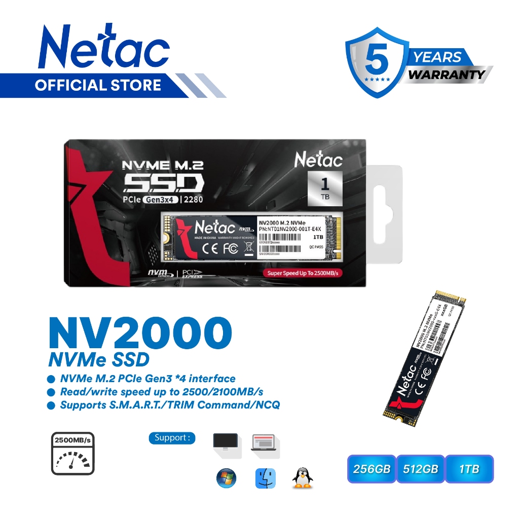 Jual Netac NV2000 PCIe 3x4 M.2 2280 NVMe 3D NAND SSD 256GB/512GB R/W up ...