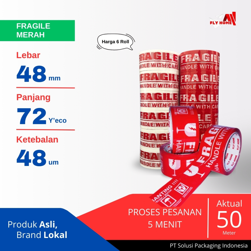 Jual FLYHOME Fragile merah 6 roll 72yard 48mm x 72yard 2inchi lakban ...
